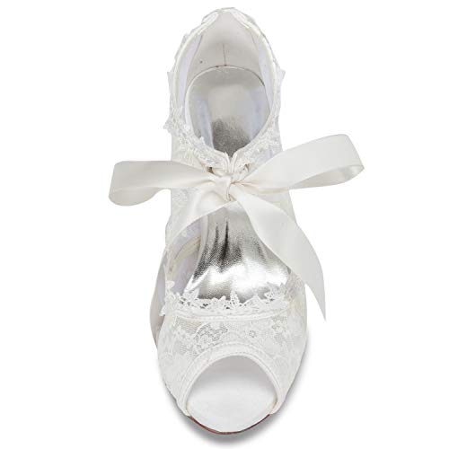 JIA JIA Zapatos de Novia de Las Mujeres 5949419 Peep Toe Cono Talón Encaje Satinado Bombas Corbata Zapatos de Boda Color Marfil,Tamaño 40
