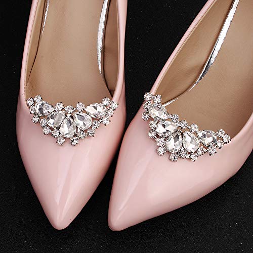Jiacheng29 - Broche de diamantes de imitación para zapatos con forma de lágrima para novia, boda, fiesta, joyería plateado Plateado