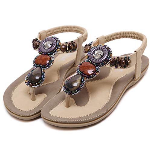 JIANKE Sandalias Mujer Verano Planas Bohemia Sandalias Cómodo Casual Zapatos de Playa Beige 39 EU