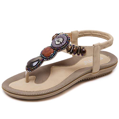 JIANKE Sandalias Mujer Verano Planas Bohemia Sandalias Cómodo Casual Zapatos de Playa Beige 39 EU