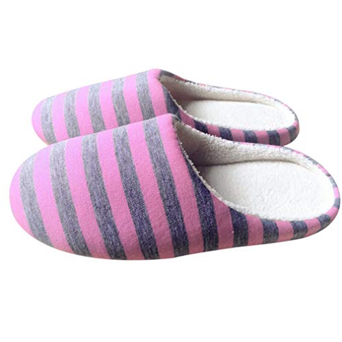 JIE Invierno cálido Suave Felpa Interior casa Piso Zapatillas Antideslizantes Tela a Rayas Rosa 40/41