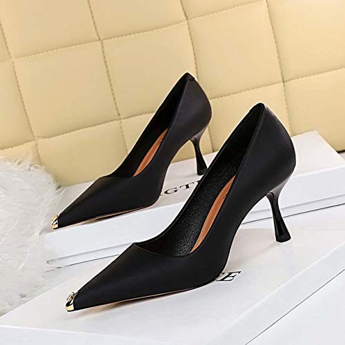JOEupin Zapatos de tacón alto para mujer con punta puntiaguda y punta baja, color Negro, talla 34 EU