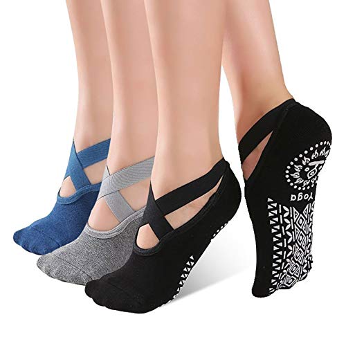 JOLIGAEA 3 Pares Calcetines Yoga Antideslizantes de Mujeres Deportivos para Ejercicio Interior, Cómodo Pilates,Yoga,Ballet,Baile,Fitness,etc
