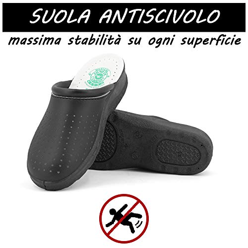 JOMIX Chanclas sanitarias para mujer y hombre, anatómicas, con zócalos, sanitarios, fabricadas en Italia, plantilla de piel auténtica Negro Size: 37 EU