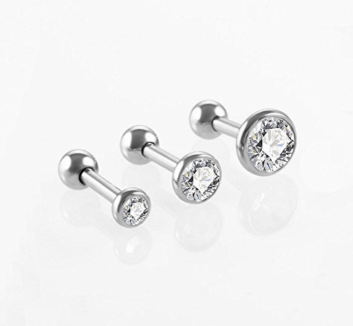 Juego de 6 pendientes de tuerca de acero inoxidable con 3 tamaños diferentes para mujer y niña, diseño circular con circonita cúbica y cierre de bola, para hélix, tragus o cartílago Free plata