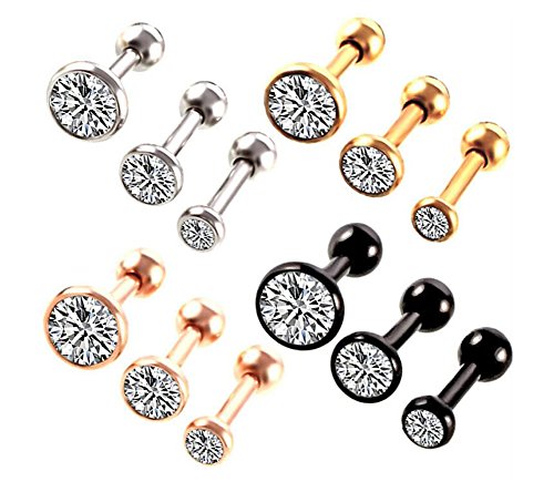 Juego de 6 pendientes de tuerca de acero inoxidable con 3 tamaños diferentes para mujer y niña, diseño circular con circonita cúbica y cierre de bola, para hélix, tragus o cartílago Free plata