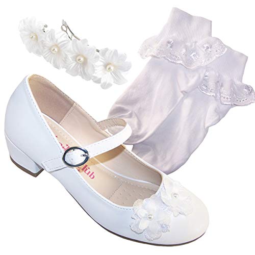 Juego de zapatos de comunión con zapatos de tacón bajo, calcetines y clip para el pelo, para bodas, damas de honor y primera comunión, color Blanco, talla 30 EU