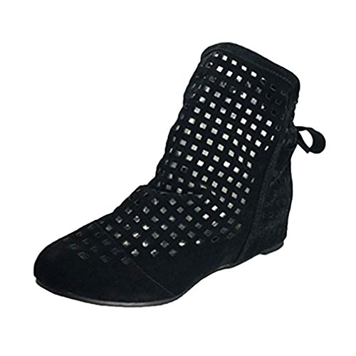 Junkai Botines de Verano, Botas Casuales de Las Mujeres Botines de Punta Estrecha Botines de cuña bajo de Encaje de tacón en Cuero