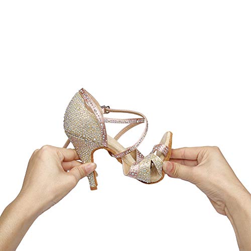 JUODVMP Mujer estándar Zapatos de Baile Latinos Satén Strass Ballroom,Rosa-8.5cm-38.5EU