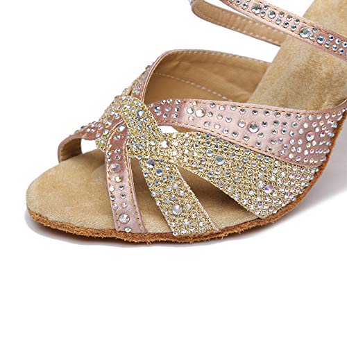 JUODVMP Mujer estándar Zapatos de Baile Latinos Satén Strass Ballroom,Rosa-8.5cm-38.5EU
