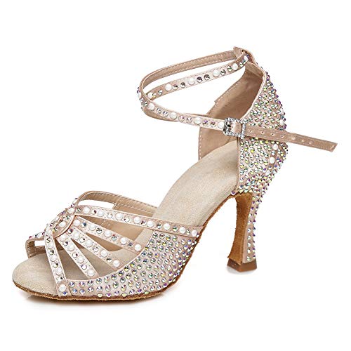 JUODVMP Zapatos Baile Latino Mujer Diamante de Imitación Zapatos Salsa Tango Mujer Model VE-YCL430-7.5,Desnudo,37.5EU