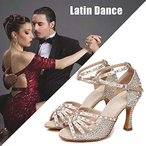 JUODVMP Zapatos Baile Latino Mujer Diamante de Imitación Zapatos Salsa Tango Mujer Model VE-YCL430-7.5,Desnudo,37.5EU