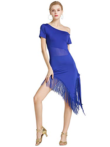 Kaiyei Sexy de Manga Corta de Baile Latino de una-Pieza Vestido para Las Mujeres/Mujer salón de Baile de Tango Cha Rumba Trajes Zafiro M