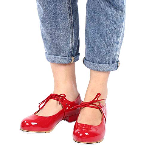 Keenso Zapatos de Baile de niña, Zapatos de Cuero Artificial de PU Moda Chica Tap Dance Step Dance (38-Rojo)