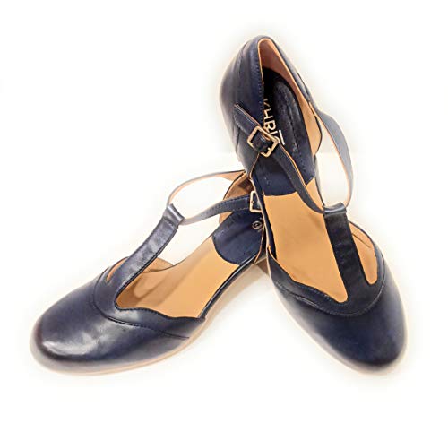 KHRIO 11581 - Zapatos con correa en T de piel con tacón de 6 cm Azul Size: 36 EU
