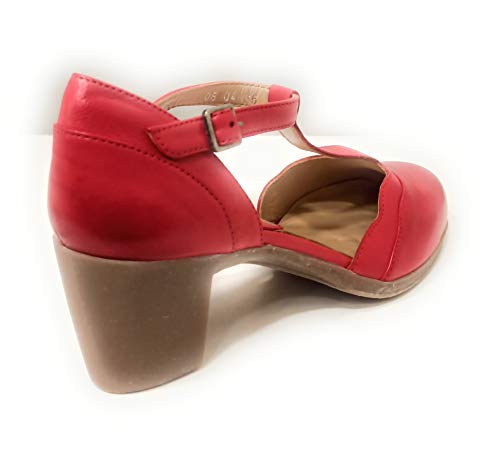 KHRIO 11581 - Zapatos con correa en T de piel con tacón de 6 cm Rojo Size: 35 EU