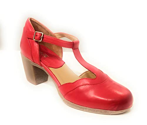 KHRIO 11581 - Zapatos con correa en T de piel con tacón de 6 cm Rojo Size: 35 EU