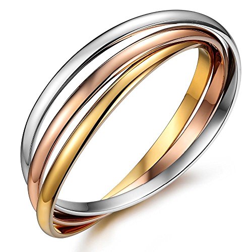 Kim Johanson Pulsera de acero inoxidable para mujer, tricolor, con 3 anillos cerrados, oro rosa, oro y plata, incluye bolsa de regalo