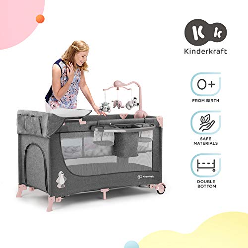 Kinderkraft Cuna de Viaje JOY, Transporte Fácil , Colecho, con Accesorios, Rosa