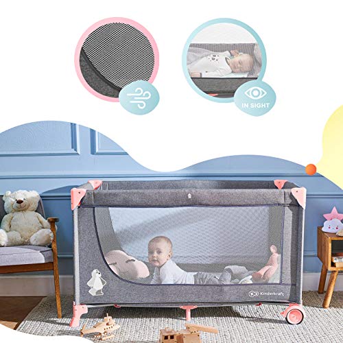 Kinderkraft Cuna de Viaje JOY, Transporte Fácil, Plegable, Hasta 15 kg, Rosa