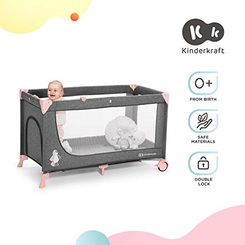Kinderkraft Cuna de Viaje JOY, Transporte Fácil, Plegable, Hasta 15 kg, Rosa