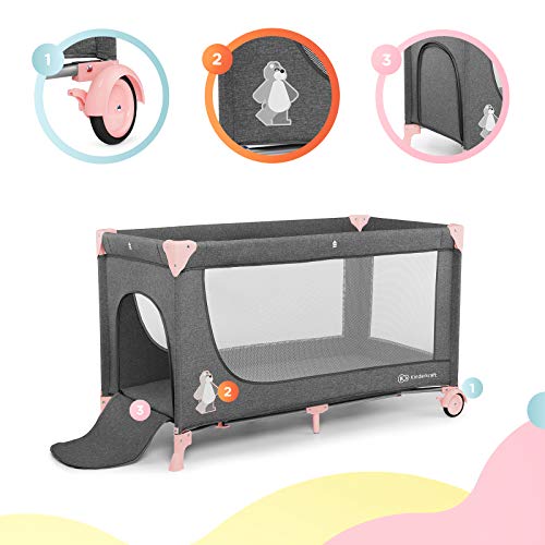Kinderkraft Cuna de Viaje JOY, Transporte Fácil, Plegable, Hasta 15 kg, Rosa