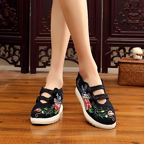 KINDOYO Sandalias Mujer - Elegantes Zapatos Viejos de Beijing Hebilla Doble Retro Zapatos Casuales,Negro,CN40(Longitud del pie:250mm)