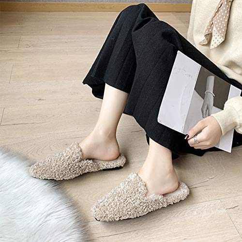 KingbeefLIU Zapatillas Mujer Casual Otoño Invierno Faux Fleece Flat Mulas Zapatillas Exterior Interior Zapatos Caqui 35