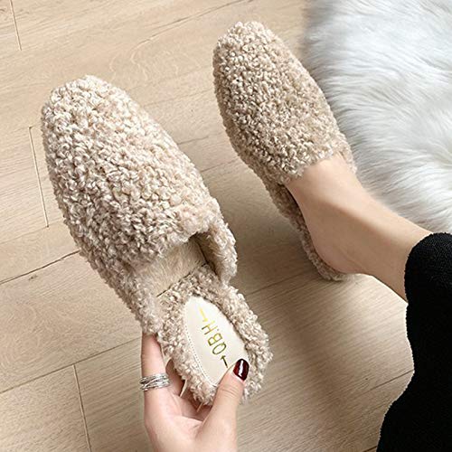 KingbeefLIU Zapatillas Mujer Casual Otoño Invierno Faux Fleece Flat Mulas Zapatillas Exterior Interior Zapatos Caqui 35