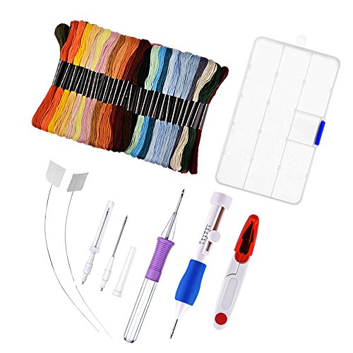 Kit de bordado, BASEIN combinación de juego de herramientas artesanales de aguja de punzonado de bordado que incluye 50 hilos de colores para costura de punto de cruz costura DIY.