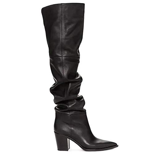 KKJKK Mujer Señoras Botas Altas por Encima de la Rodilla Invierno Moda Calentar Botas Altas Botas Largas Tacón Grueso Botas Talla Grande Botas de Mujer Dedo del Pie Puntiagudo Tacón Alto,Negro,EU38