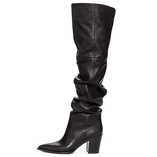 KKJKK Mujer Señoras Botas Altas por Encima de la Rodilla Invierno Moda Calentar Botas Altas Botas Largas Tacón Grueso Botas Talla Grande Botas de Mujer Dedo del Pie Puntiagudo Tacón Alto,Negro,EU38