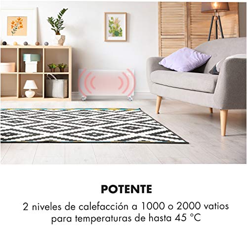 Klarstein Bornholm Smart - Estufa de convección, 2 niveles, Modo ECO, Seguridad niños, SmartHeat, Protección IP24, Vidrio de seguridad, Pantalla LED, Panel táctil, Control remoto, 2.000 W, Nieve