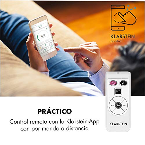 Klarstein Bornholm Smart - Estufa de convección, 2 niveles, Modo ECO, Seguridad niños, SmartHeat, Protección IP24, Vidrio de seguridad, Pantalla LED, Panel táctil, Control remoto, 2.000 W, Nieve