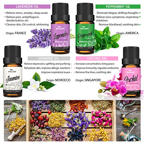 KOLLIEE Aromaterapia Aceites Esenciales Naturales Puros Organicos Aceites Esenciales Set Bio Para Humidificador Difusor Lavanda, Menta, Limón, Naranja Dulce, Jazmín, Orquídea, Romero, Eucalipto