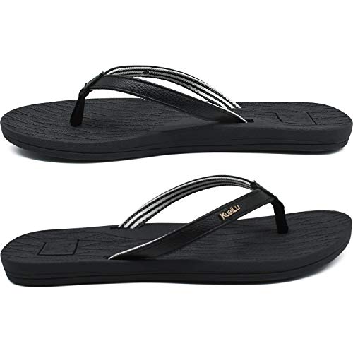 KuaiLu Chanclas Mujer Comodas Piel Verano Playa Piscina Ultraligera Sandalias de Dedo Planas Moda Caminar Antideslizante Yoga-Espuma Zapatillas Negro 36