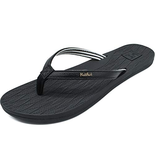 KuaiLu Chanclas Mujer Comodas Piel Verano Playa Piscina Ultraligera Sandalias de Dedo Planas Moda Caminar Antideslizante Yoga-Espuma Zapatillas Negro 36