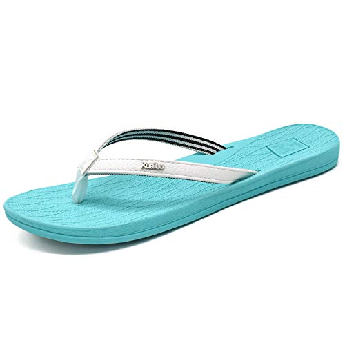 KuaiLu Chanclas Mujer Comodas Piel Verano Playa Piscina Ultraligera Sandalias de Dedo Planas Moda Caminar Antideslizante Yoga-Espuma Zapatillas Turquesa 38