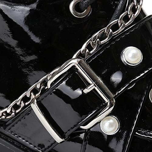 La Modeuse - Botines de piel sintética barnizados con bridas de perlas y cadenas metálicas, Negro (Negro ), 37 EU