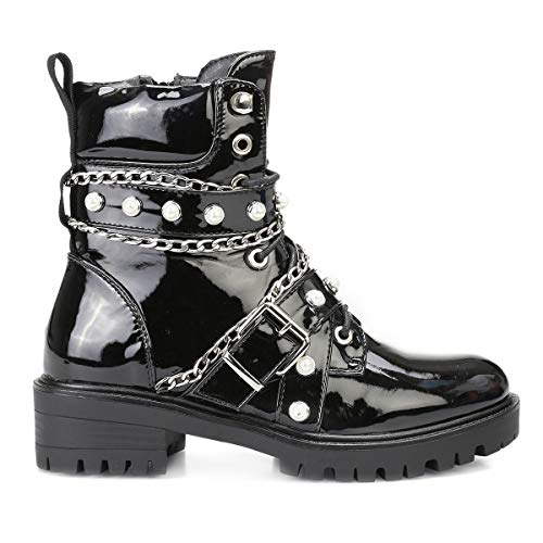 La Modeuse - Botines de piel sintética barnizados con bridas de perlas y cadenas metálicas, Negro (Negro ), 37 EU