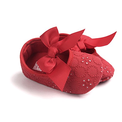 Lacofia Zapatos de Bautizo con Suela Suave Antideslizante Princesa Arco de bebé niñas Rojo 3-6 Meses