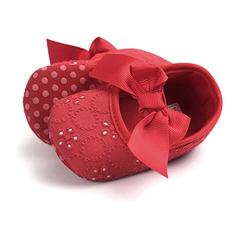 Lacofia Zapatos de Bautizo con Suela Suave Antideslizante Princesa Arco de bebé niñas Rojo 3-6 Meses