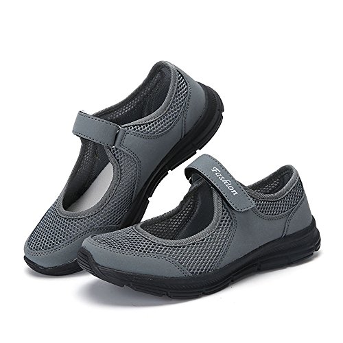 LANSKIRT Zapatillas Running de Mujer Sin Cordones Zapatos de Verano 2019 Velcro Moda Sandalias de Antideslizantes Zapatillas Deportivas para Correr Calzado Comodo Transpirables (Gris Oscuro, 39 EU)