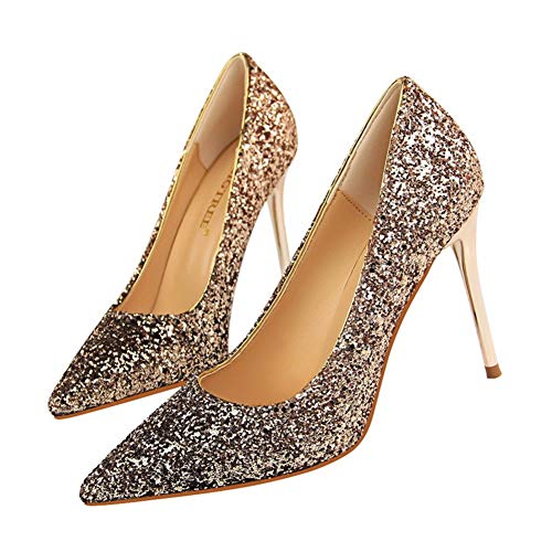 Las Lentejuelas Atractivas de Las Mujeres Los Tacones Altos Boca Baja señaló los Zapatos Delgados del gradiente Boda/Partido/Danza/Noche (Color : Champagne, tamaño : 38EU)