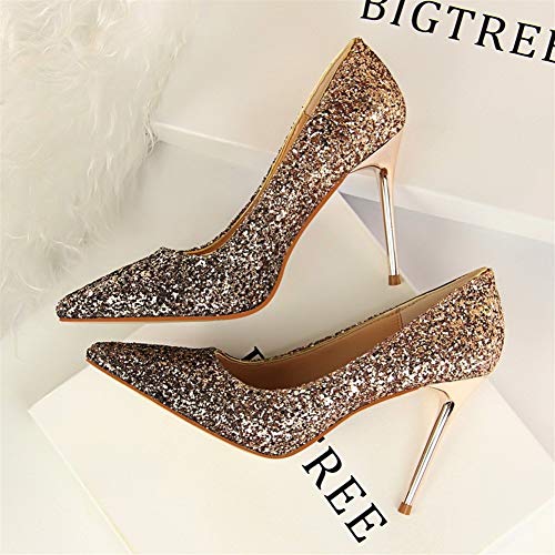 Las Lentejuelas Atractivas de Las Mujeres Los Tacones Altos Boca Baja señaló los Zapatos Delgados del gradiente Boda/Partido/Danza/Noche (Color : Champagne, tamaño : 38EU)