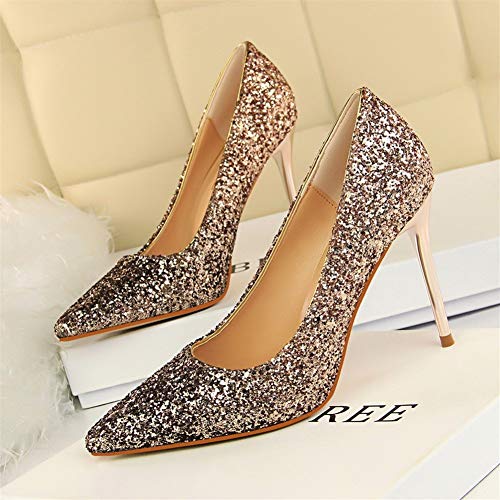 Las Lentejuelas Atractivas de Las Mujeres Los Tacones Altos Boca Baja señaló los Zapatos Delgados del gradiente Boda/Partido/Danza/Noche (Color : Champagne, tamaño : 38EU)