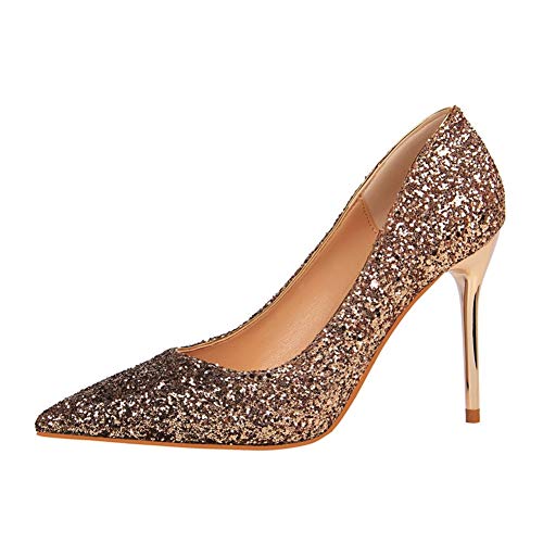 Las Lentejuelas Atractivas de Las Mujeres Los Tacones Altos Boca Baja señaló los Zapatos Delgados del gradiente Boda/Partido/Danza/Noche (Color : Champagne, tamaño : 38EU)
