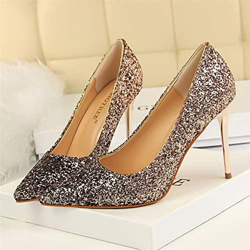Las Lentejuelas Atractivas de Las Mujeres Los Tacones Altos Boca Baja señaló los Zapatos Delgados del gradiente Boda/Partido/Danza/Noche (Color : Champagne, tamaño : 38EU)