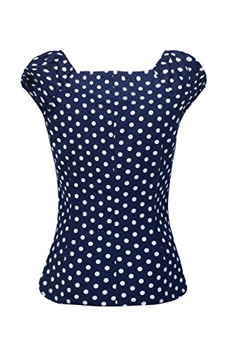 Las Mujer Vintage Algodón Polka Dot 50s Camisetas Tops Retro De Blusa tee Darkblue M