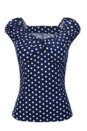 Las Mujer Vintage Algodón Polka Dot 50s Camisetas Tops Retro De Blusa tee Darkblue M
